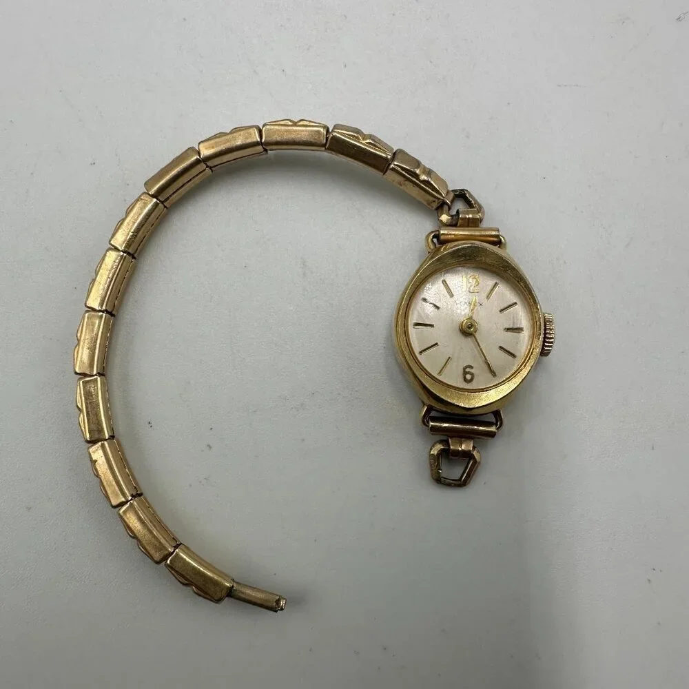 3/$30 VTG. Timex Watch Women Gold Tone Manual Wind BROKEN Stretch Band Working